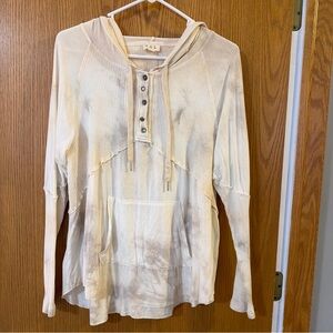 POL Anthropologie Women’s Boho Henley Hoodie Cream With Tie Dye Parts Ribbed